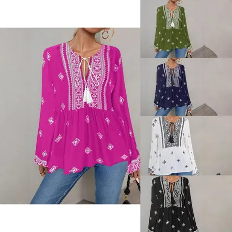 Women's Retro Ethnic Printed Blouse Polyester V-Neck Lace-Up Tassels Lantern Sleeve Loose Casual Top For Vacation