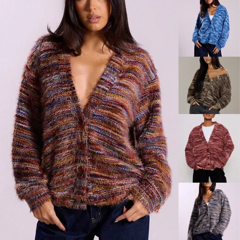 Women Vintage Fashion Deep V-Neck Maillard Style Plush Long Sleeve Knitted Cardigan Casual Cotton Button Down Top