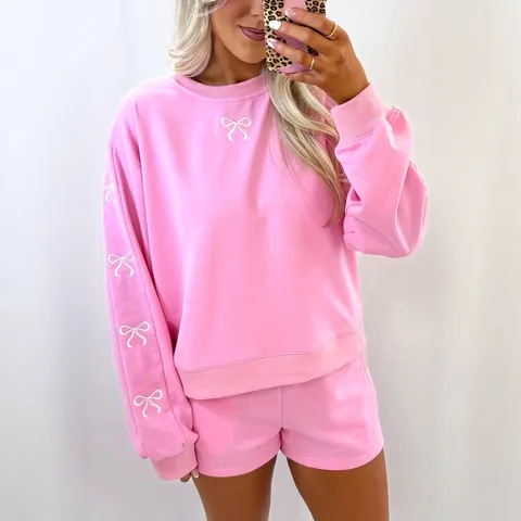 Set Pantaloncini Top E Bottom Donna Casual Girocollo Pullover Tinta Unita Fiocco Ricamato Manica Lunga Abbigliamento Lounge
