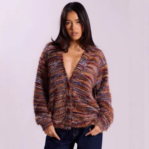Women Vintage Fashion Deep V-Neck Maillard Style Plush Long Sleeve Knitted Cardigan Casual Cotton Button Down Top