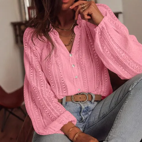 Women Fashion Hollow Out Lace V Neck Blouse Loose Single Breasted Long Sleeve Top Casual Solid Color Shirt For Spring Autumn