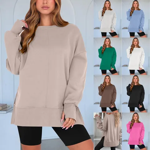 Sweat-shirt Oversize Col Rond pour Femmes Décontracté Manches Longues Fente Latérale Couleur Unie Pull Mode Ample Automne Hiver