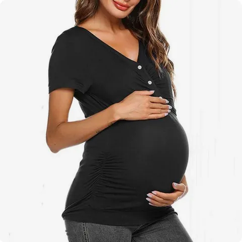 Women Maternity Nursing T-Shirt Short Sleeve V-Neck Button Breastfeeding Top Ruched Pregnancy Clothes Solid Color Polyester Top