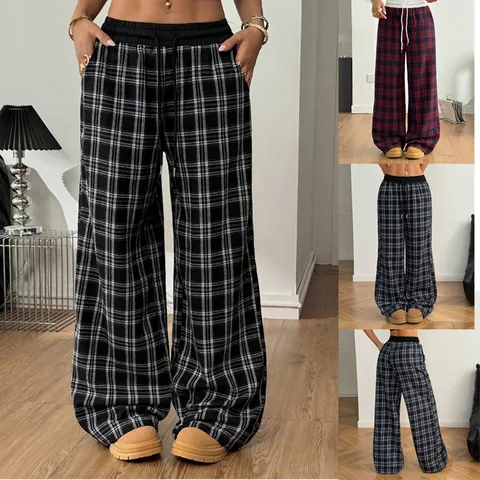 Women's High Waisted Plaid Wide Leg Pants Loose Lounge Straight Casual Sweatpants Patchwork Checkered Bottoms Comfortable Trousers