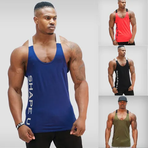 Men Fitness Tank Top Contrast U-Neck Breathable Sleeveless Training Shirt Shape U Letter Print Polyester Gym Running Top