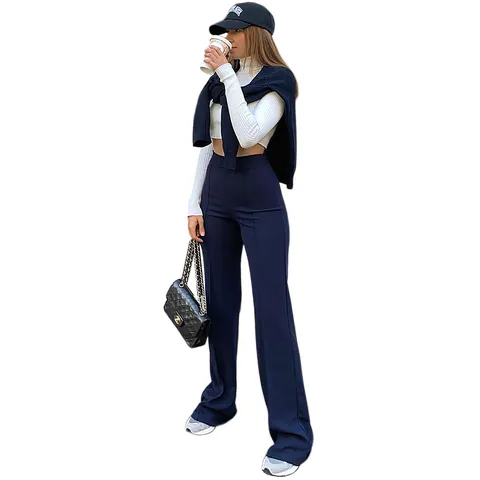 Pantalon Évasé à Taille Haute pour Femmes Coupe Slim Couleur Unie Pantalon à Patte d'Éléphant Mode Européenne Polyester