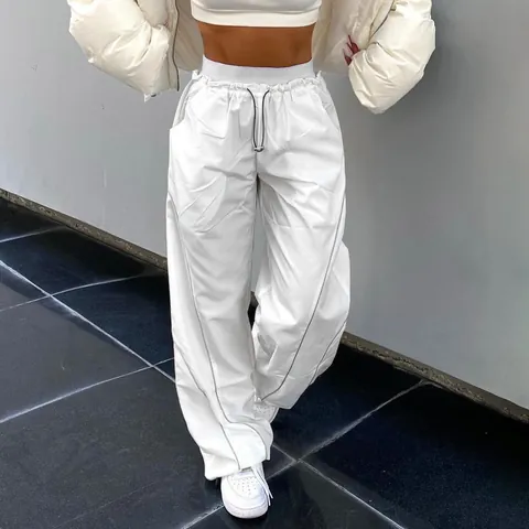 Women High Waist Drawstring Wide Leg Casual Pants Streetwear Polyester Solid Color Long Trousers With Pig Nose Buckle