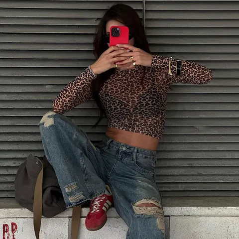 Women Sexy Leopard Print Mesh Long Sleeve T-Shirt Round Neck Slim Fit Top Mesh See-Through Streetwear Casual Blouse