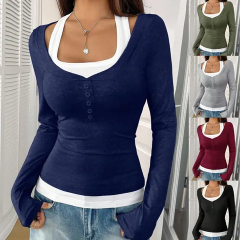 Women Halter Fake Two-Piece Long Sleeve Top Color Block Slim Fit Knitted Single-Breasted Stretch Base Layer Top Casual Wear