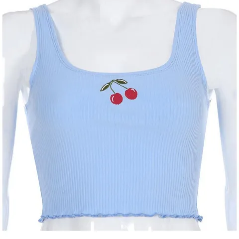 Women Slim Fit Cotton Ribbed Tank Top Sexy Cherry Embroidered Crop Top Sleeveless Basic Underwear Top For Casual Street Style