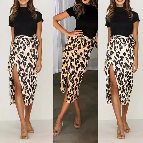 Women High Waist Leopard Print Midi Skirt Sexy Side Slit Wrap Skirt With Bow Belt Urban Fashion Polyester Satin Look Skirt