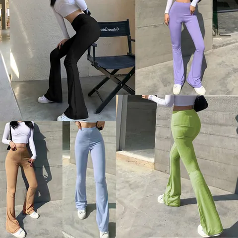 Pantaloni a Zampa a Vita Alta da Donna a Costine Vestibilità Aderente Tinta Unita Poliestere Pantaloni Yoga Casual