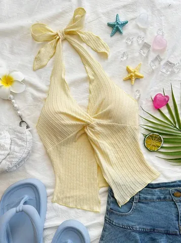 Women Sexy Halter Neck Backless Cami Top Solid Color Twist Front Slim Fit Short Top Ribbed Knitted Sleeveless Summer Top