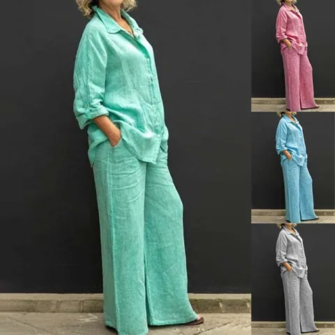 Set Sopra E Sotto da Donna Tinta Unita Camicia a Maniche Lunghe con Revers e Bottoni e Pantaloni a Gamba Larga a Vita Alta in Poliestere