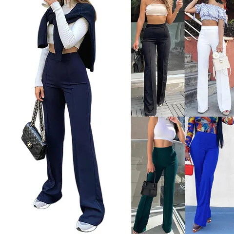 Pantalon Évasé à Taille Haute pour Femmes Coupe Slim Couleur Unie Pantalon à Patte d'Éléphant Mode Européenne Polyester