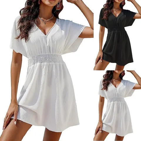 Women's V Neck Smocked Waist Mini Dress Short Flutter Sleeve Casual Beach Sun Protection Dress Solid Color Polyester Summer Vacation Dress