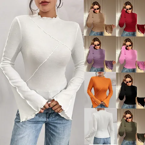 Top da Donna in Maglia a Coste con Collo a Lupetto e Bordo a Lattuga Cuciture Esposte Asimmetriche Maniche a Campana Tinta Unita