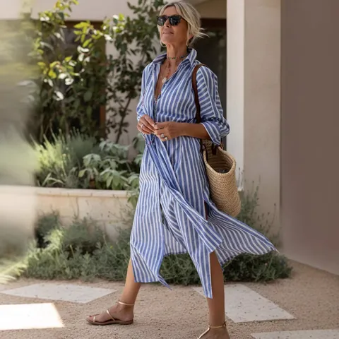 Robe Chemisier Femme à Rayures Revers Manches Longues Simple Boutonnage Robe Maxi Décontractée avec Fente Latérale Vacances Plage