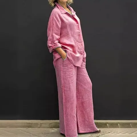 Set Sopra E Sotto da Donna Tinta Unita Camicia a Maniche Lunghe con Revers e Bottoni e Pantaloni a Gamba Larga a Vita Alta in Poliestere