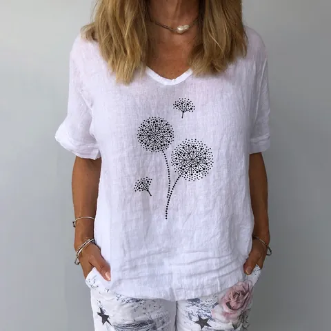 Women Casual V-Neck Short Sleeve Polyester Top Dandelion Graphic Print Patchwork Loose Fitting Summer T-Shirt Plus Size