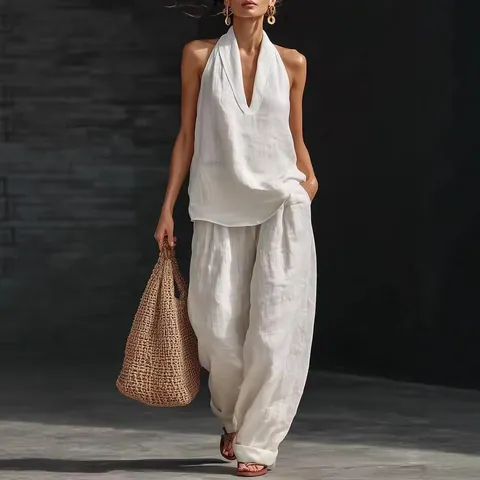 Women Casual Sleeveless Halter Neck Top And Bottom Solid Color Pleated Wide Leg Pants Summer Fashion Clothing Suit
