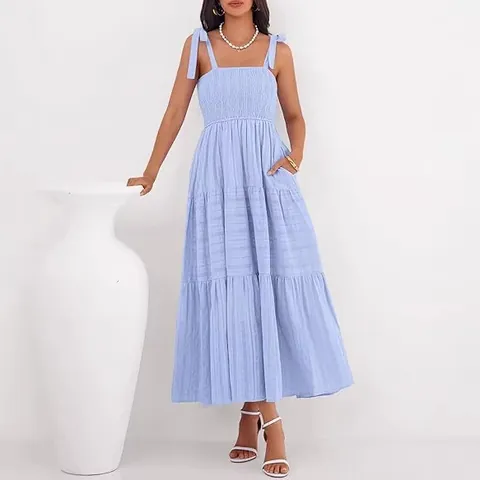 Women's Smocked Tiered Maxi Dress Solid Color Bow Tie Straps Shirred Summer Vacation Sleeveless Pocket Sundress Polyester Dress