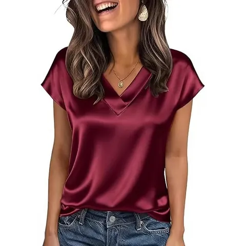 Women Casual Satin V Neck Short Sleeve T-Shirt Elegant Silky Solid Color Loose Top Summer Fashion Office Ladies Basic Tee