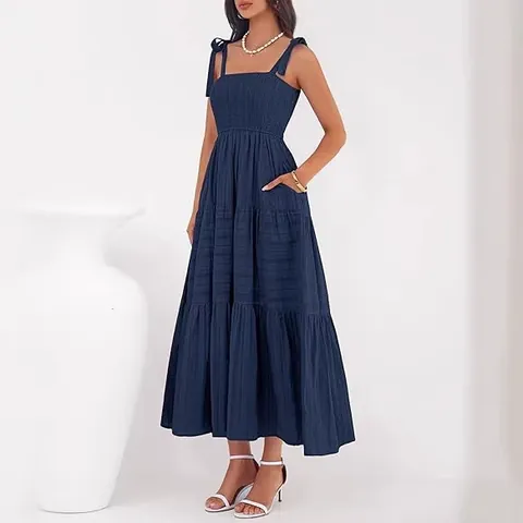 Women's Smocked Tiered Maxi Dress Solid Color Bow Tie Straps Shirred Summer Vacation Sleeveless Pocket Sundress Polyester Dress