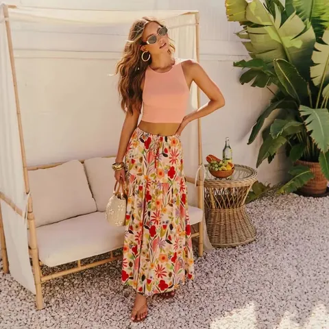 Gonna-pantalone a Gamba Larga con Stampa Floreale da Donna a Vita Alta Bohemien Pantaloni Casual da Vacanza Eleganti per l'Estate
