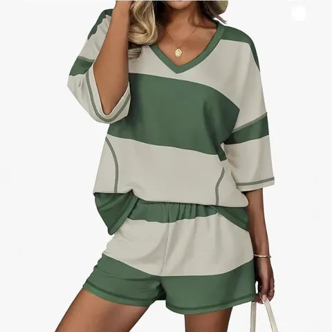 Women's Casual Striped Two-Piece Set Polyester V-Neck Short Sleeve Top And Shorts Summer Loungewear Matching Set