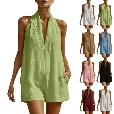 Mono Corto Informal para Mujer con Cuello Halter en V Sin Mangas de Color Sólido Sin Espalda Mono de Playa de Verano con Bolsillos Laterales