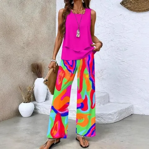 Set Due Pezzi da Donna Casual Canotta a Doppio Strato Senza Maniche e Pantaloni a Gamba Larga in Poliestere Stampato Outfit Estivo