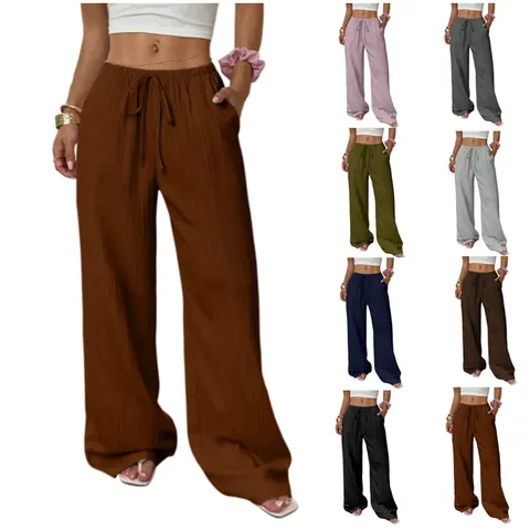 Women Wide Leg Pants Casual Solid Textured Polyester Trousers Knotted Elastic Waist Slant Pockets Loose Bottoms For Summer