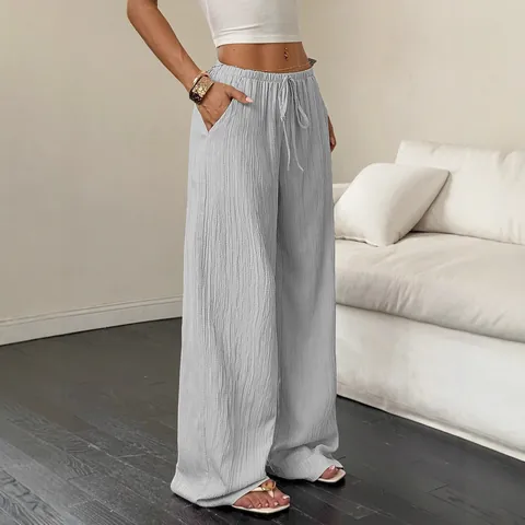 Women Wide Leg Pants Casual Solid Textured Polyester Trousers Knotted Elastic Waist Slant Pockets Loose Bottoms For Summer