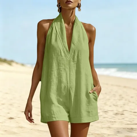 Women Casual Halter Neck V-Neck Sleeveless Romper Solid Color Summer Beach Jumpsuit With Pockets Loose Fashion One Piece Bodysuit