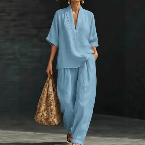 Set da Donna Casual in Poliestere con Scollo a V Manica Corta Top e Pantaloni con Tasche Tinta Unita Completo Estivo Comodo