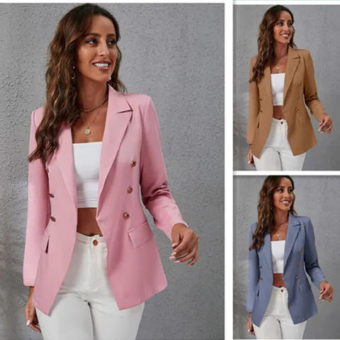 Women Slim Fit Blazer Notch Lapel Double Breasted Suit Jacket Solid Color Long Sleeve Professional Work Office Wear Top