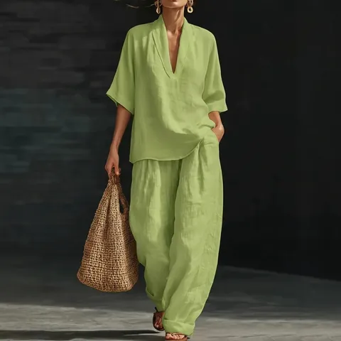 Set da Donna Casual in Poliestere con Scollo a V Manica Corta Top e Pantaloni con Tasche Tinta Unita Completo Estivo Comodo