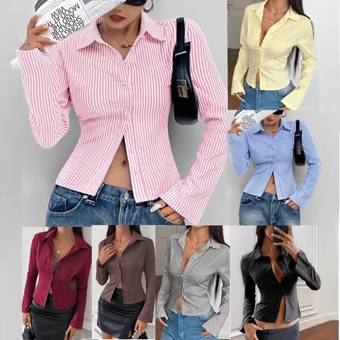 Fashion Women Striped Long Sleeve Shirt V-neck Lapel Button Up Blouse Casual Commute Polyester Top Spring Office Wear