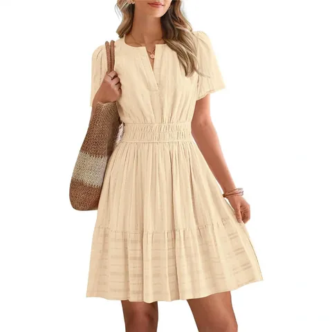 Women Summer V Neck Puff Sleeve Tiered Midi Dress Solid Smocked High Waist Ruffle Polyester Fashion A-Line Beach Sun Dress