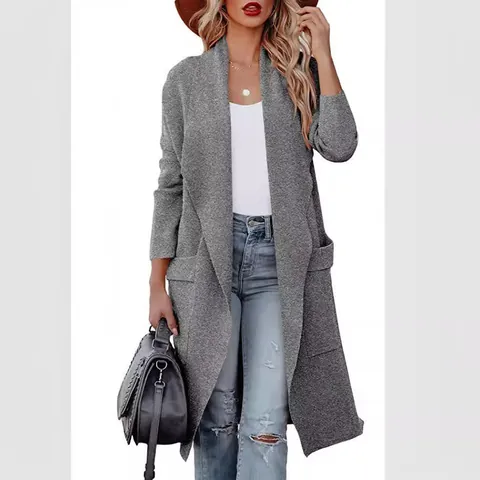 Dames Casual Losse Effen Kleur Lange Mouwen Cardigan Jas Open Voorkant Bamboevezel Jack Met Zakken Herfst Bovenkleding