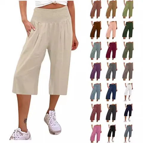 Culottes Donna Vintage a Punto Smock Vita Alta Pantaloni Capri a Gamba Larga Casual Tinta Unita in Poliestere per Vacanze Estive