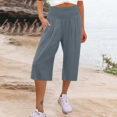 Culottes Donna Vintage a Punto Smock Vita Alta Pantaloni Capri a Gamba Larga Casual Tinta Unita in Poliestere per Vacanze Estive