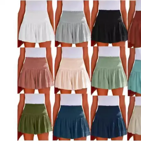 Women High Waist Smocked Skorts Ruffle Hem Flowy Casual Beach Shorts Polyester Textured Tiered Summer Bottoms