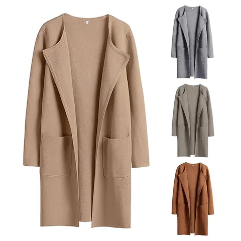 Dames Mode Revers Half Lang Mantel Effen Kleur Lange Mouw Open Voorzijde Jas Met Zakken Casual Losjes Bovenkleding
