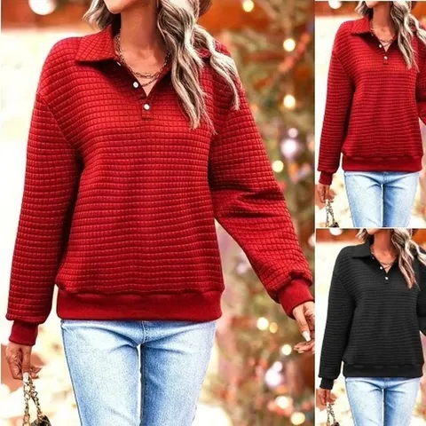 Women's Casual Waffle Knit Sweatshirt Lapel Polo Collar Button Down Long Sleeve Solid Pullover Top For Autumn Winter