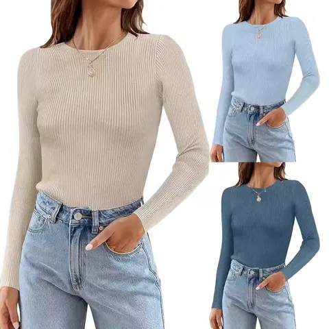 Dames Ronde Hals Lange Mouw Ribgebreid T-Shirt Slim Fit Effen Kleur Basic Casual Top Zachte Elastische Pullover Herfst Lente Kleding