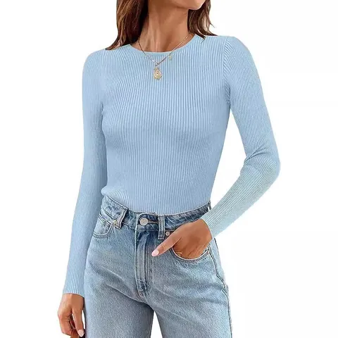 Dames Ronde Hals Lange Mouw Ribgebreid T-Shirt Slim Fit Effen Kleur Basic Casual Top Zachte Elastische Pullover Herfst Lente Kleding
