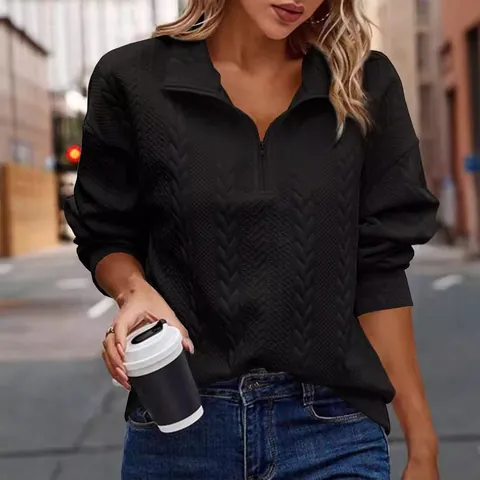 Felpa Casual da Donna con Mezza Zip e Revers Maglione in Maglia a Maniche Lunghe Tinta Unita Top Largo Moda Autunno Inverno