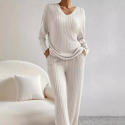 Women Casual Polyester Ribbed Knit Top And Bottom V Neck Long Sleeve Loose Pants For Autumn Winter Loungewear Every Day
